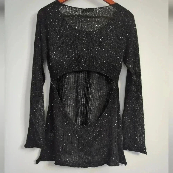 UNIQ | Black and  Silver Sheer Long Sleeve Cutout Sweater Size small - Picture 3 of 4